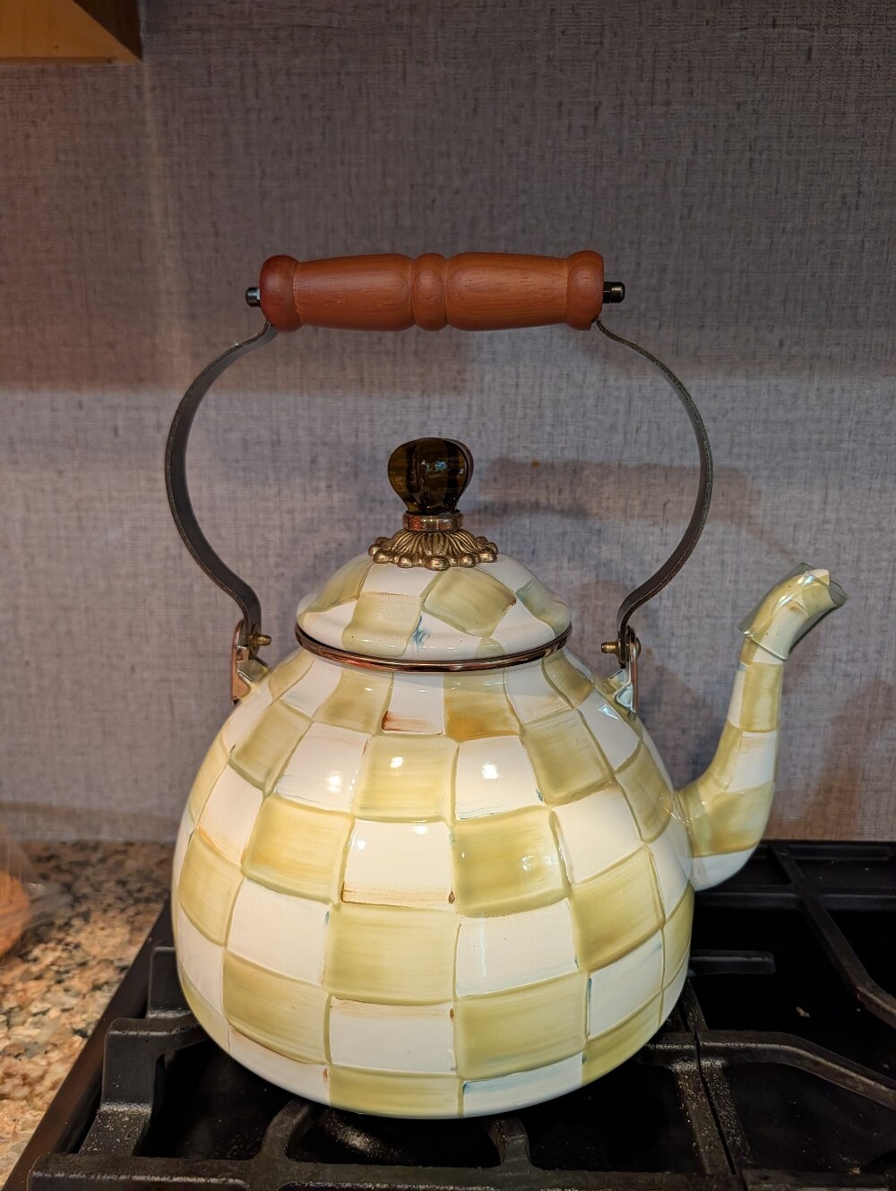 Chipped MacKenzie-Childs Parchment Check enamel tea kettle hand-painted